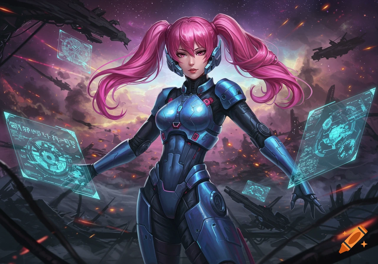 A pink-haired anime girl in a blue futuristic battle suit holds holographic screens in a space battle.