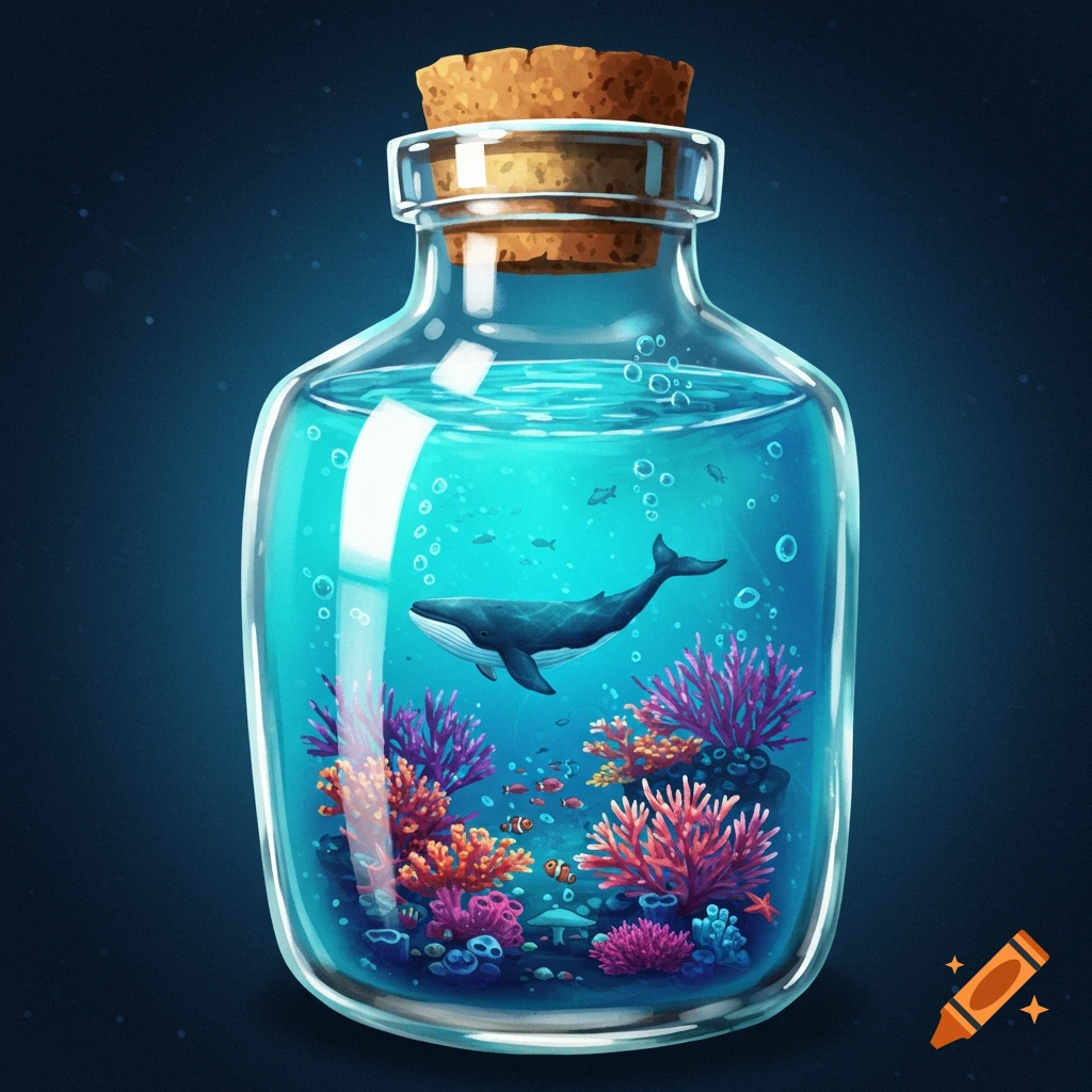 Stylized illustration of a miniature ocean scene in a glass bottle with a whale, colorful corals, and fish.