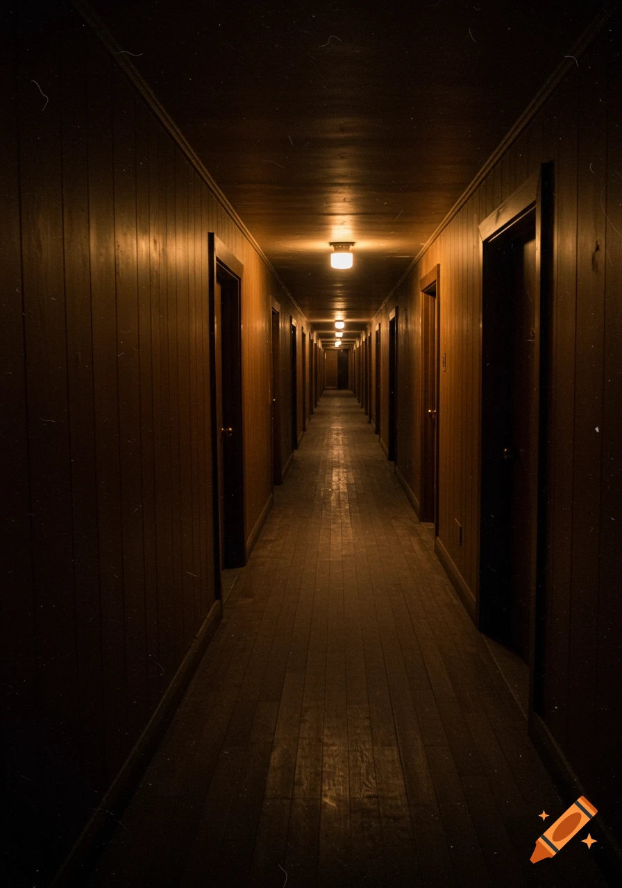 A long, dim, eerie wooden hallway with many closed doors in a Dreamcore/Weirdcore style.