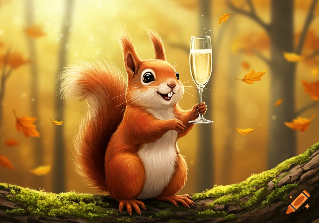 A cute cartoon squirrel with big eyes holds a glass of champagne, sitting on a mossy branch in an autumn forest.
