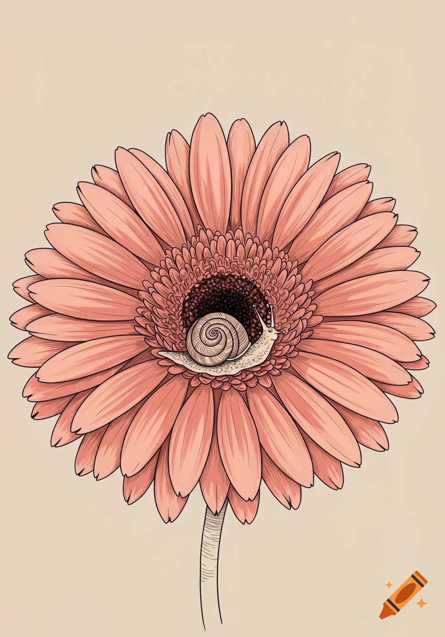Outline illustration of a small snail resting in the center of a large pink gerbera flower.