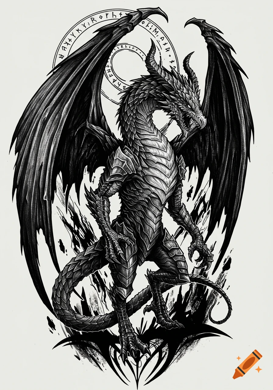 Black and white tattoo art illustration of a powerful winged dragon with intricate scales, surrounded by mysterious runes.