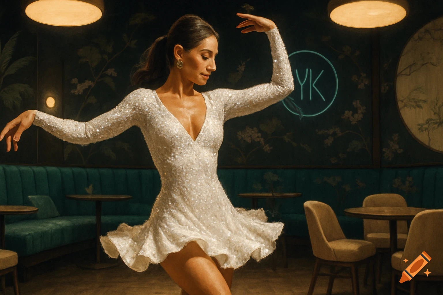 Photorealistic woman in sparkling white dress dancing in a chic lounge with teal banquettes and a glowing 'YK' sign.