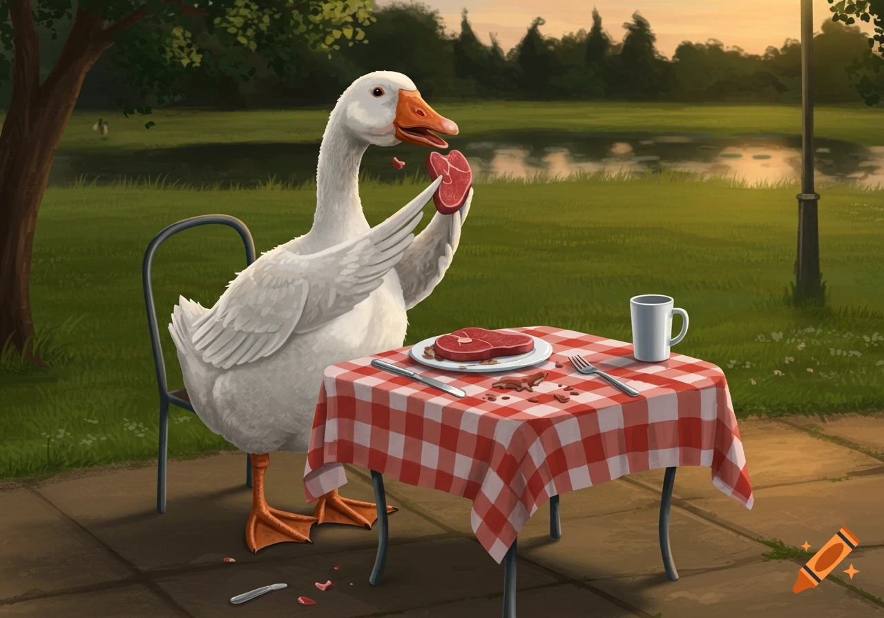 A cartoon goose sitting at an outdoor picnic table with a red checkered tablecloth, eating raw steak, with pieces scattered around.