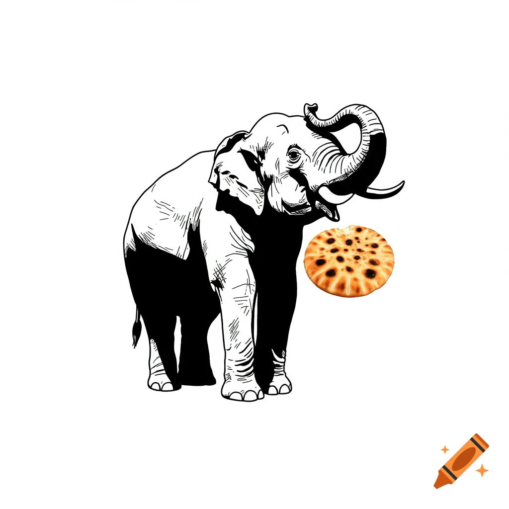 Black outline illustration of an elephant holding a round pita bread in its trunk.