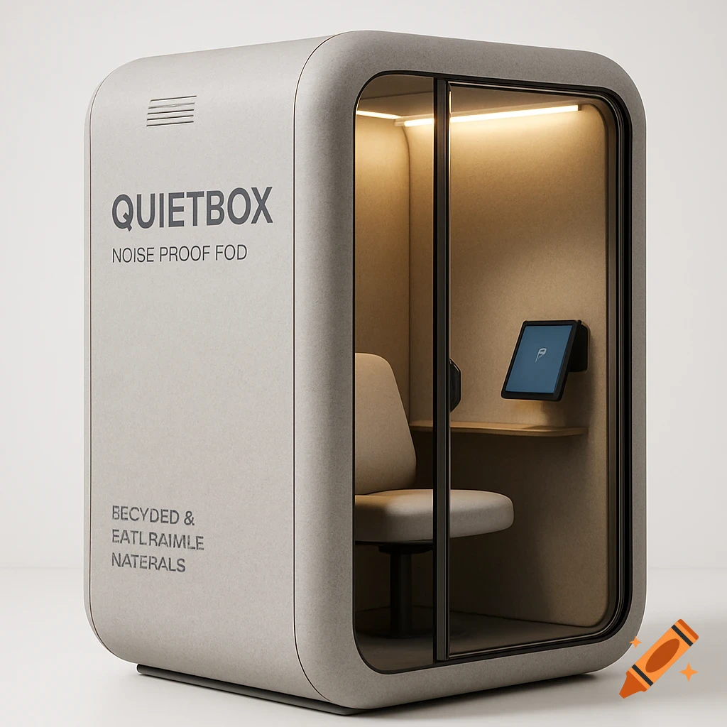 Ultra-realistic image of a modern, minimalist light gray QuietBox soundproof pod with a transparent door, ergonomic seat, and tablet inside.