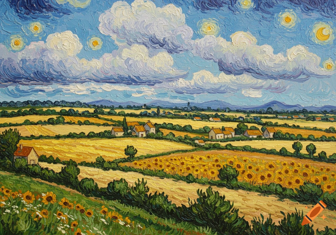Vibrant Van Gogh style painting of a countryside landscape with yellow fields, scattered houses, and a swirling starry sky.