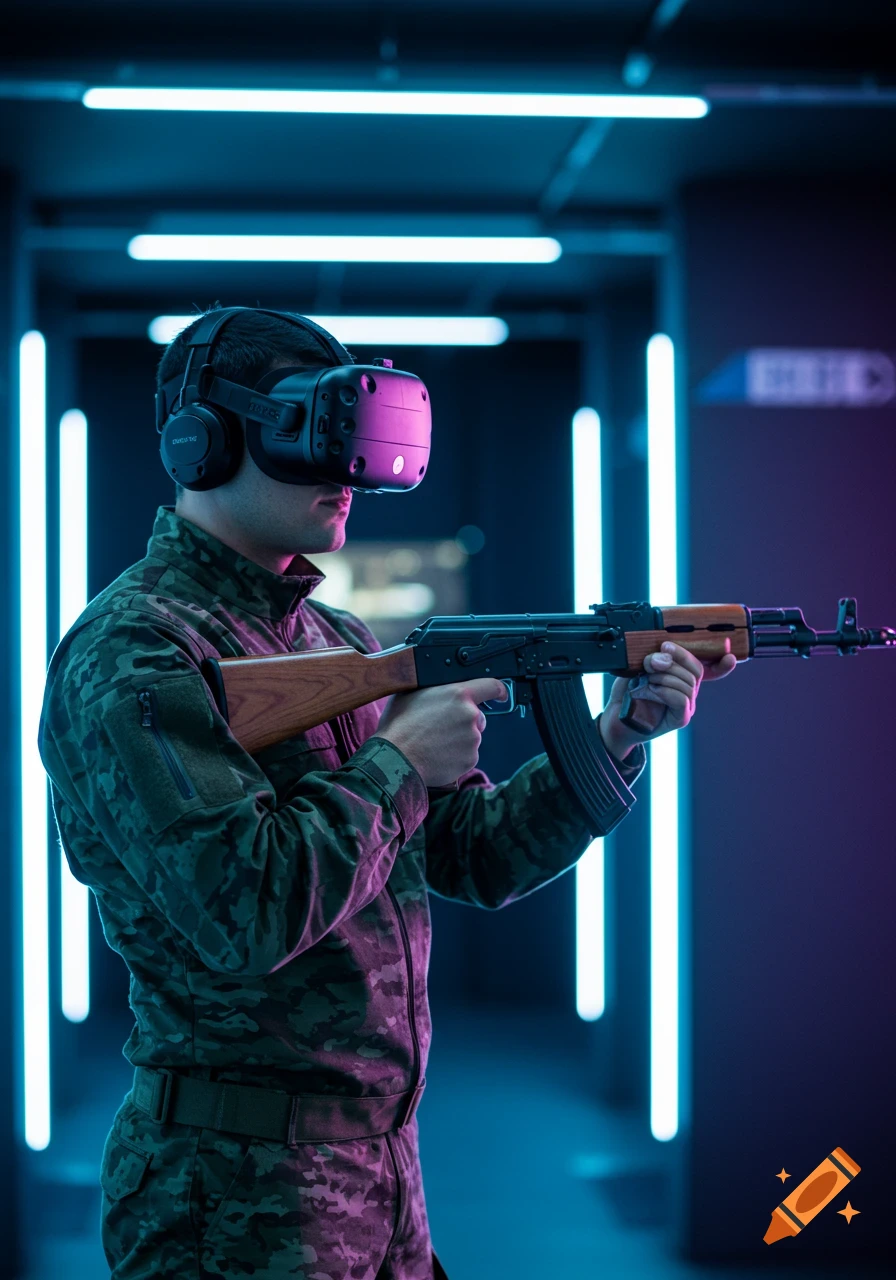 Photorealistic image of a man in camouflage with a VR headset and rifle, in a neon-lit digital shooting simulator hall.