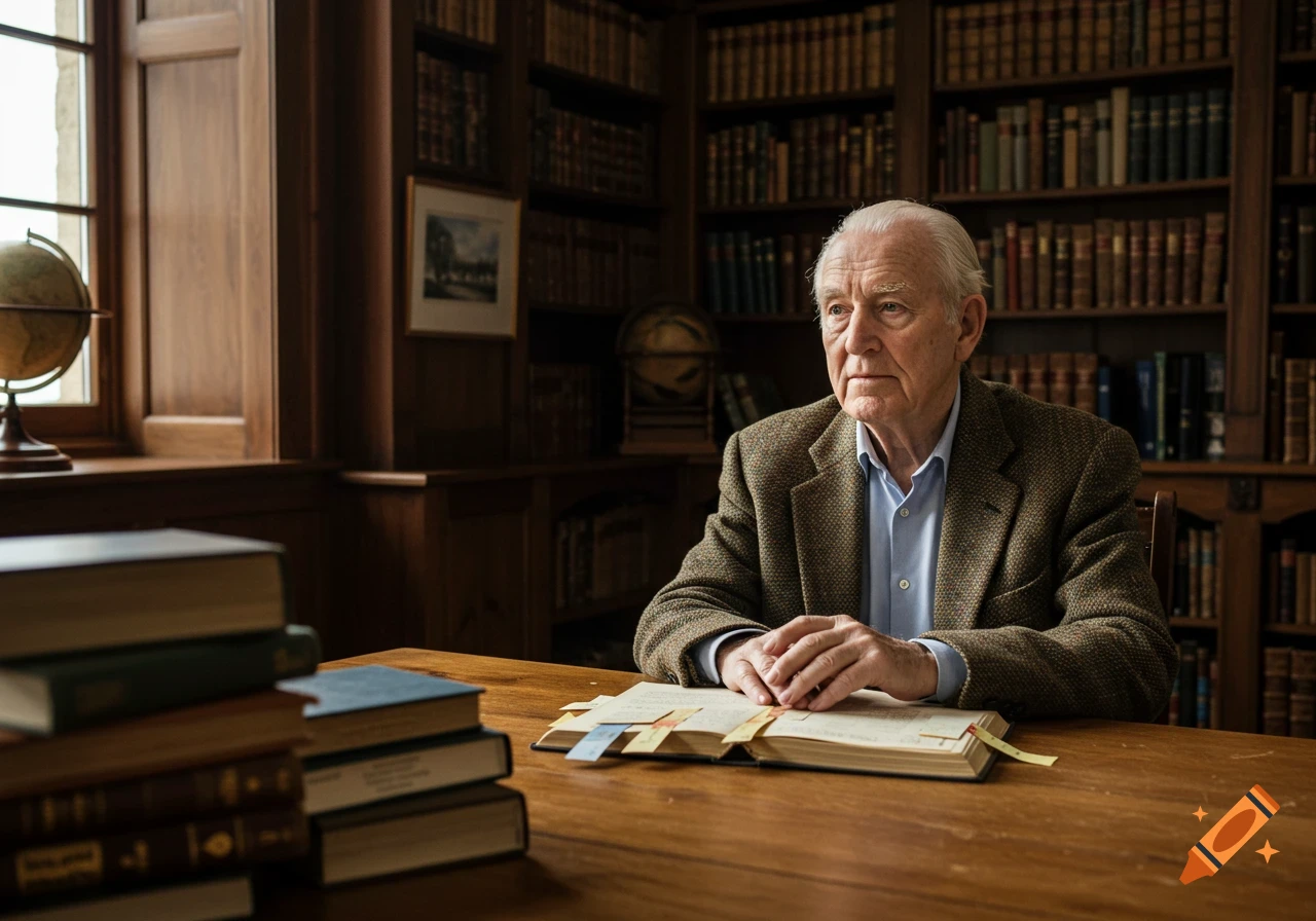An old man with white hair sits at a wooden table in a library, with stacks of books and a globe.