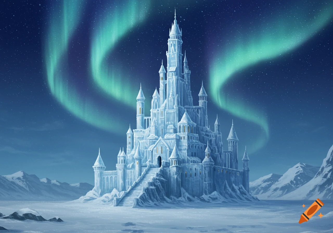 A majestic ice castle with spires and steps, glowing under a vibrant green aurora borealis in a snowy mountain landscape at night.