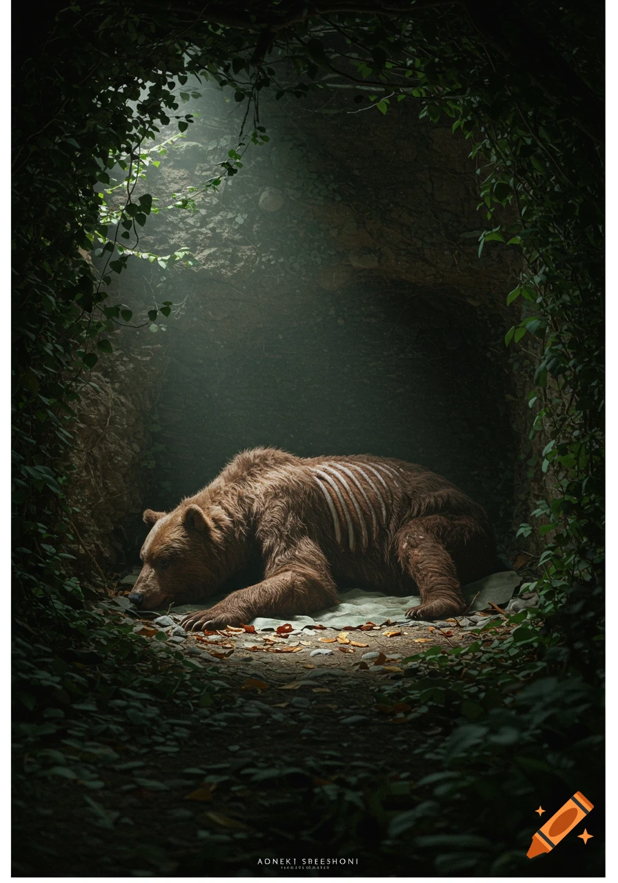Photorealistic image of an incredibly skinny brown bear resting in a dark, leaf-covered den, illuminated by a single ray of light.