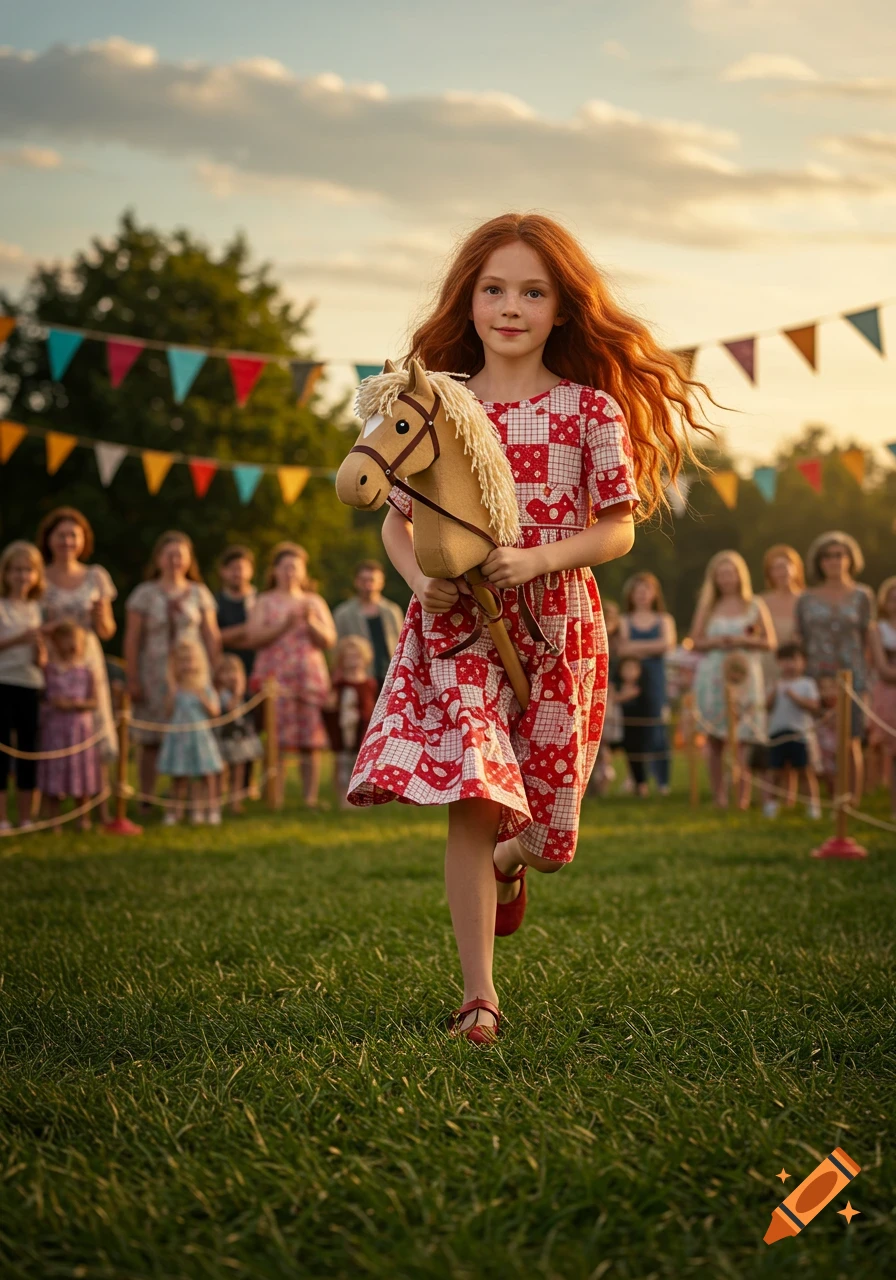 A red-haired girl in a red and white dress runs across a grassy field holding a hobby horse, with blurred people and colorful banners in the background.