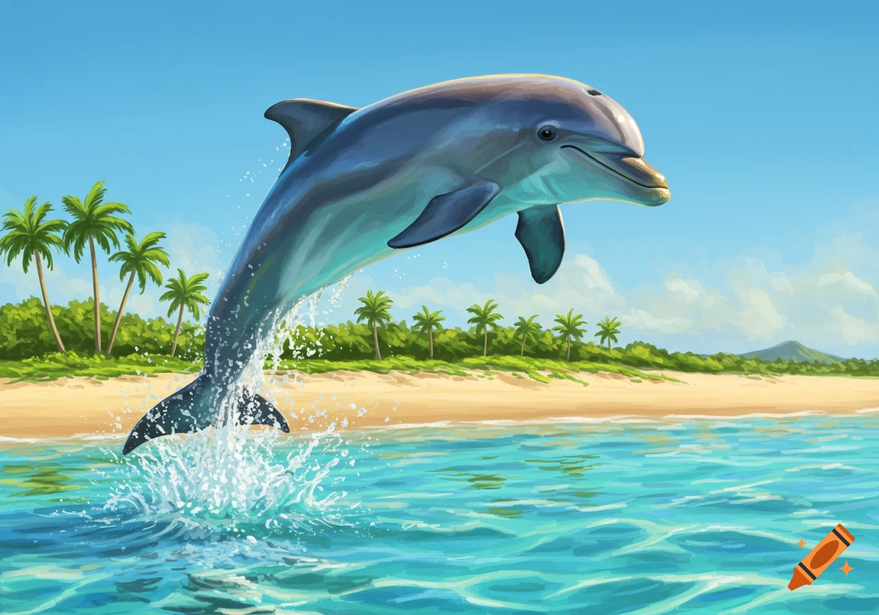 A bottlenose dolphin leaps out of clear blue tropical water with a sandy beach and palm trees in the background.