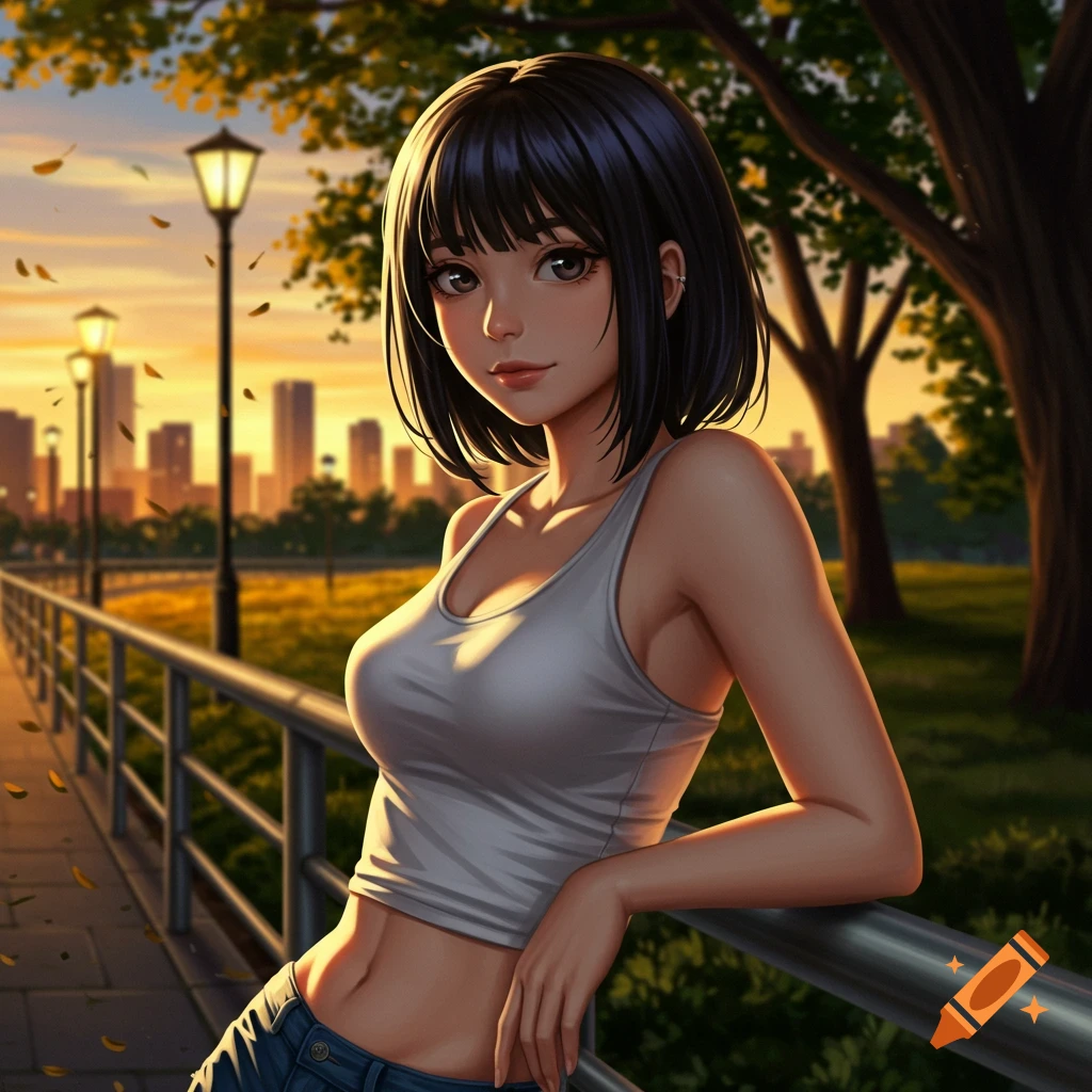 Anime-style woman with black hair in a tank top and jeans, leaning on a railing in an urban park at sunset.