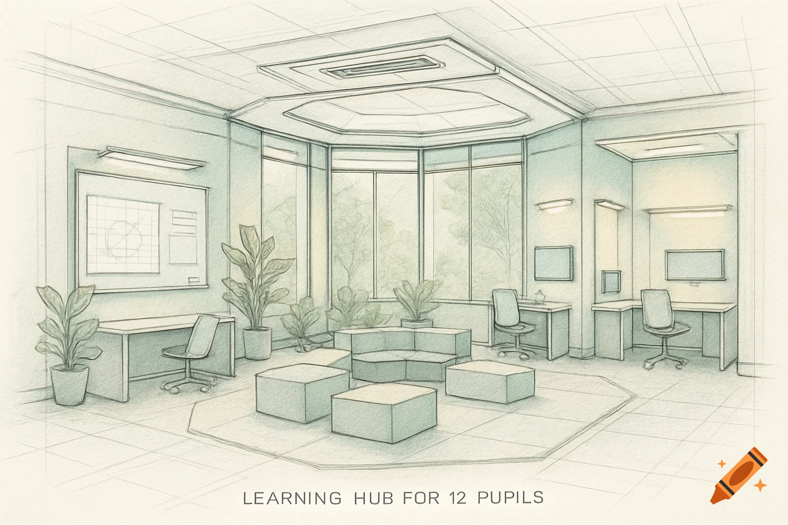 Blueprint sketch of a modern learning hub with large windows, desks, chairs, plants, and seating, designed for 12 pupils.