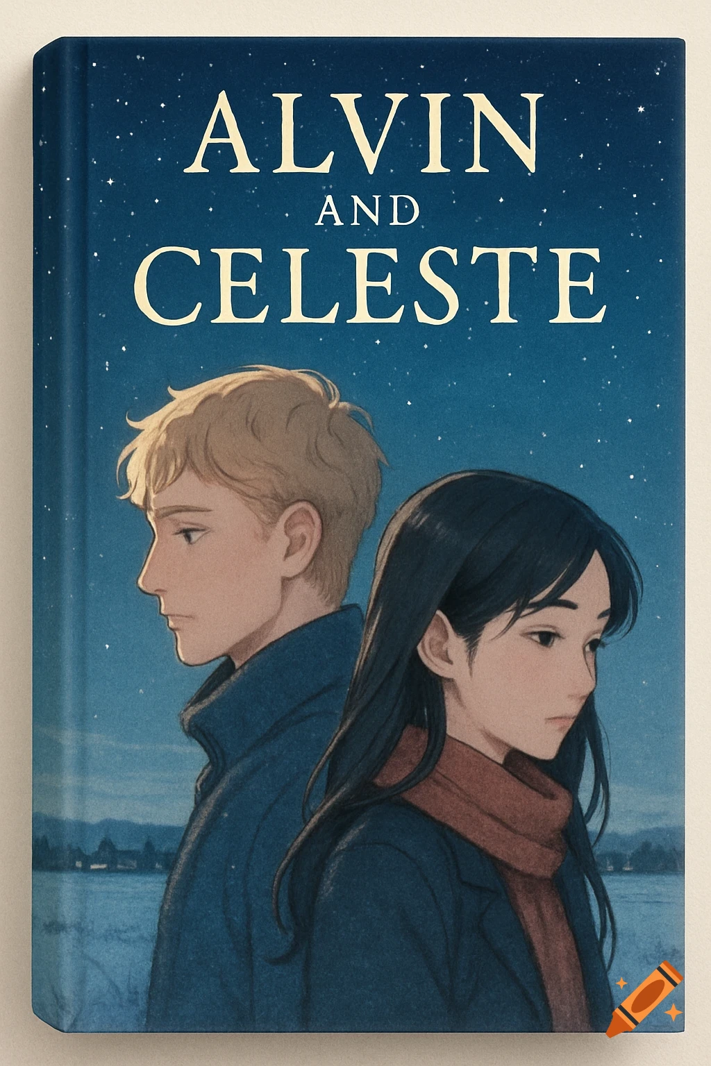 Anime-style book cover titled "Alvin and Celeste" featuring a man and woman in profile against a starry winter night.