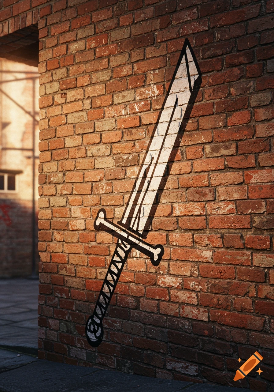 Simple black and white graffiti of a sword on a textured red brick wall in an urban setting.