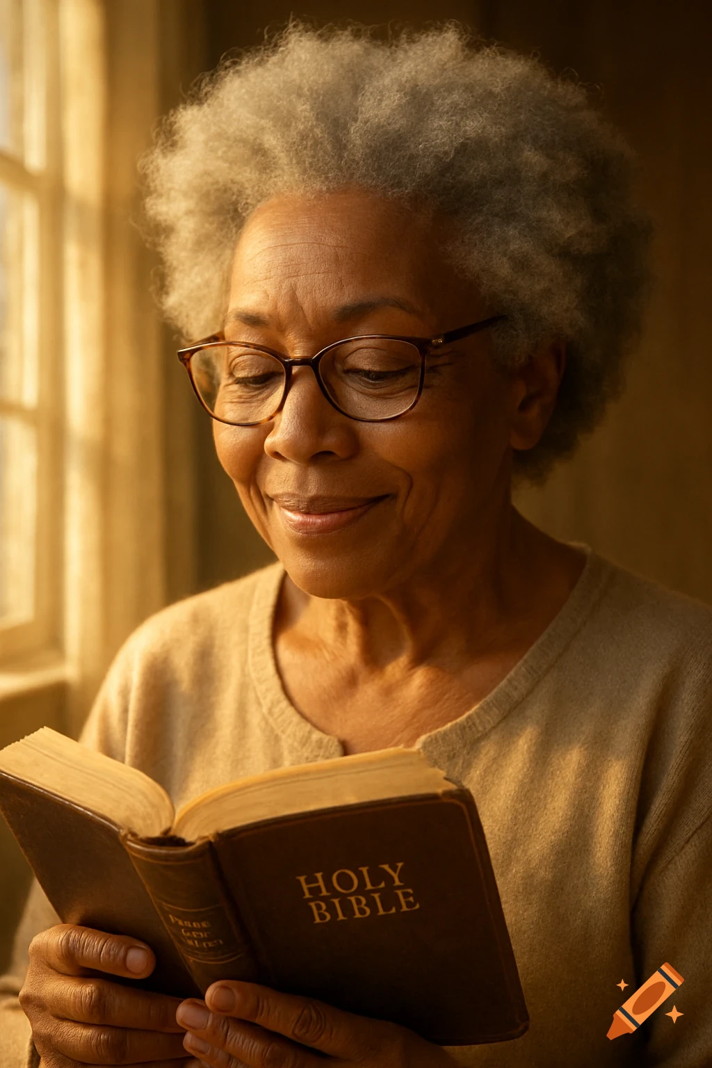 Close-up, photorealistic portrait of an older Black woman with grey hair and glasses, smiling while reading a Bible in golden light.