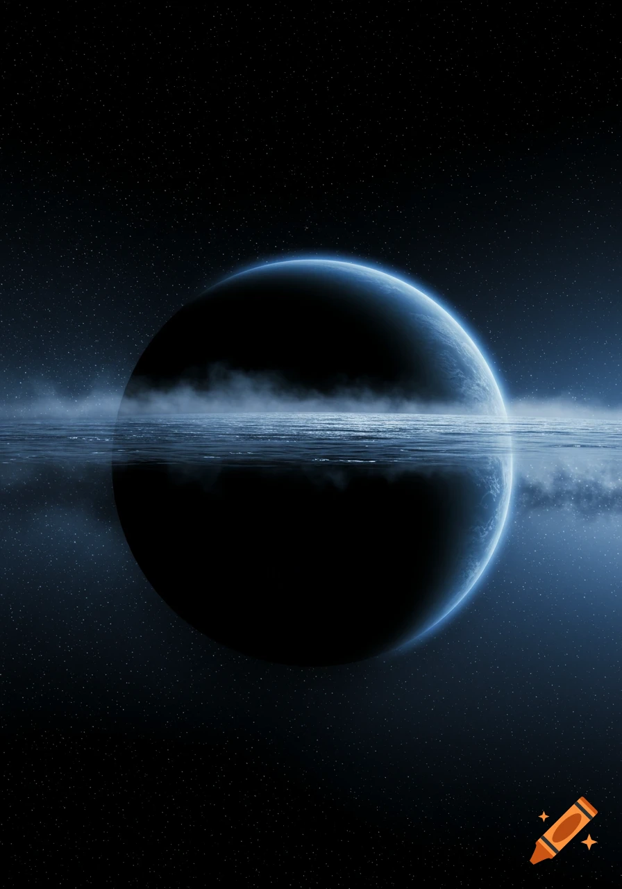 A dark water planet with a glowing blue edge, reflected in a misty surface, against a starry deep space background.