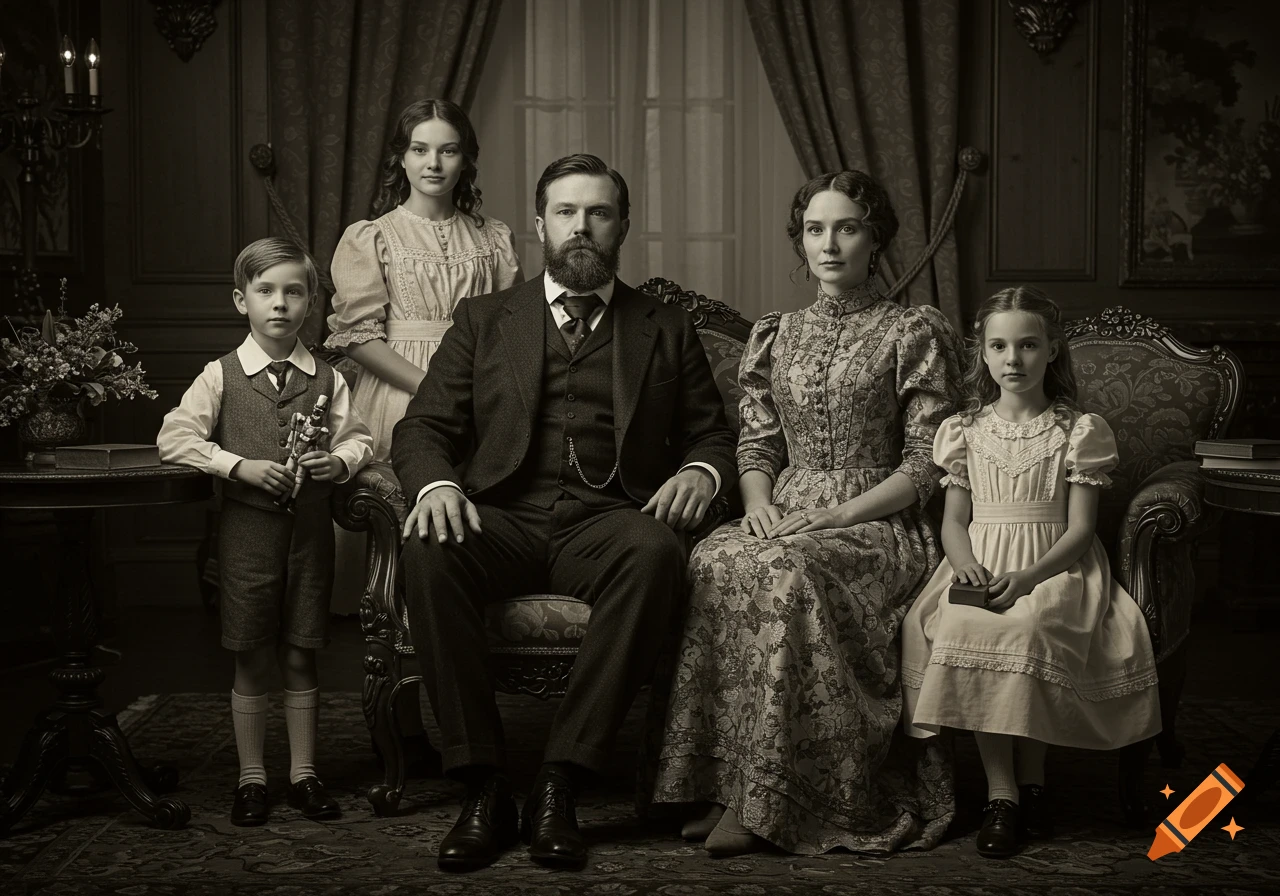A sepia-toned 19th-century family portrait of a mother, father, and three children in a bourgeois salon.