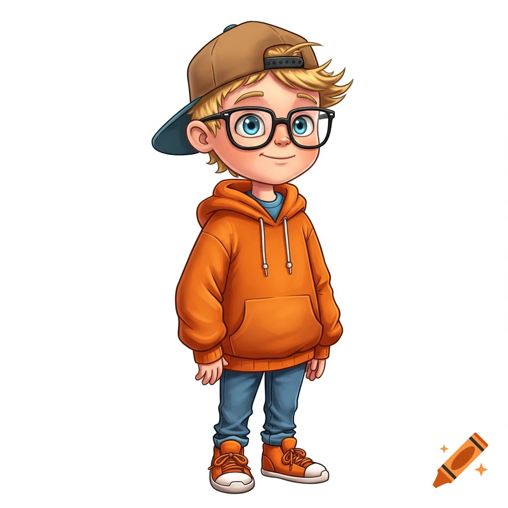 A cartoon boy with blonde hair, glasses, an orange hoodie, blue jeans, and orange sneakers, wearing a brown and blue baseball cap backward.
