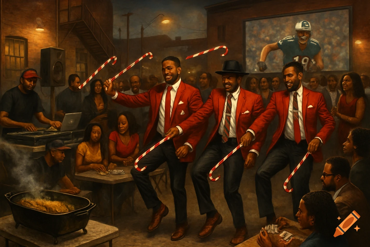 Realist painting of a lively outdoor street party with men dancing with candy canes, a DJ, people playing cards, and a football game on a screen.