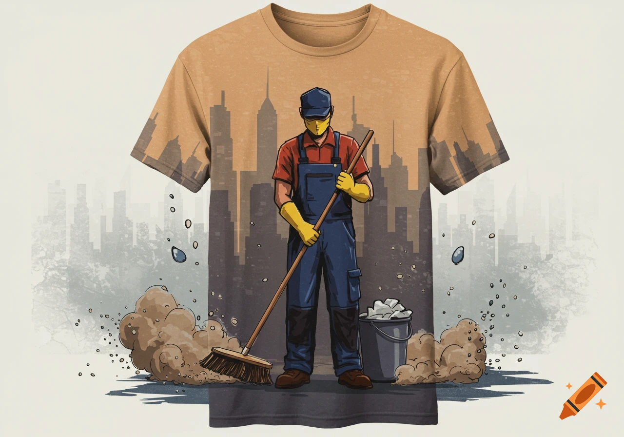 Cartoon illustration of a janitor sweeping dust in front of a city skyline, printed on a brown t-shirt.