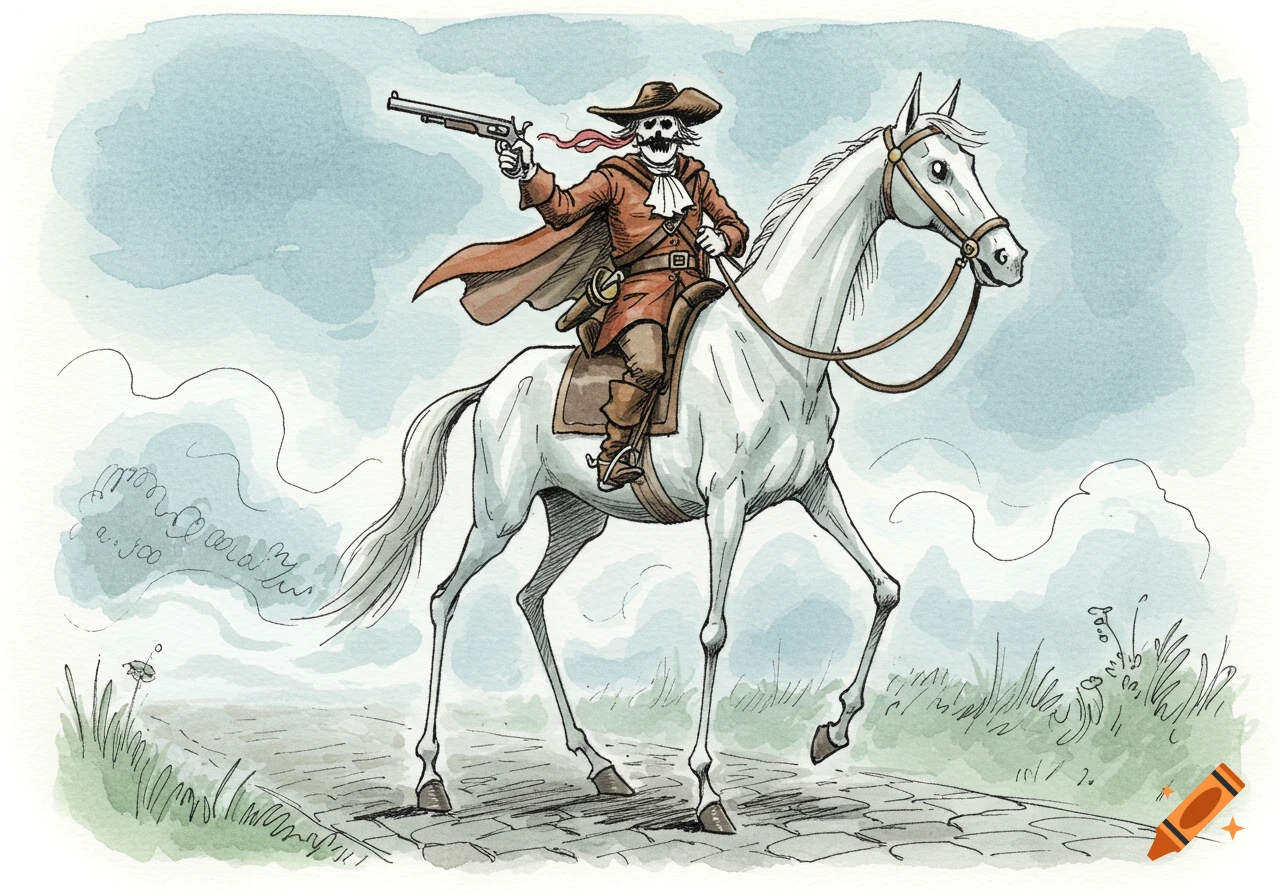 Comical headless skeleton highway robber on a white horse, holding a pistol, in a line and wash illustration style.