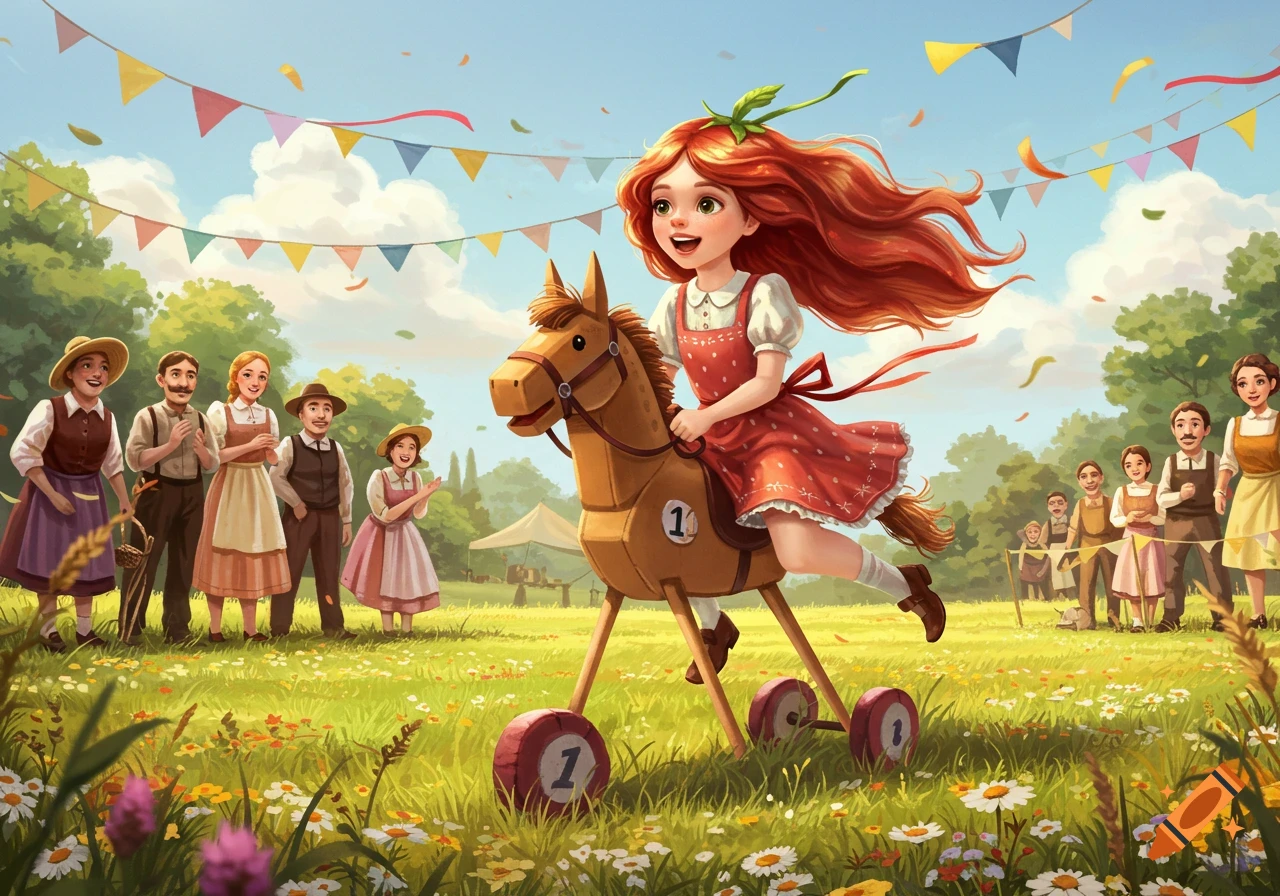 A joyful strawberry-haired girl on a hobby horse with the number 1, racing in a sunny, illustrative outdoor competition.