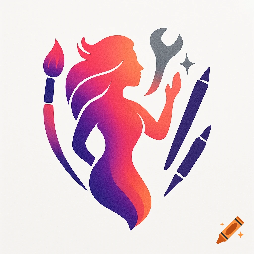 Gradient logo of a female silhouette with a paintbrush, wrench, and stylus pens, symbolizing creativity and design.