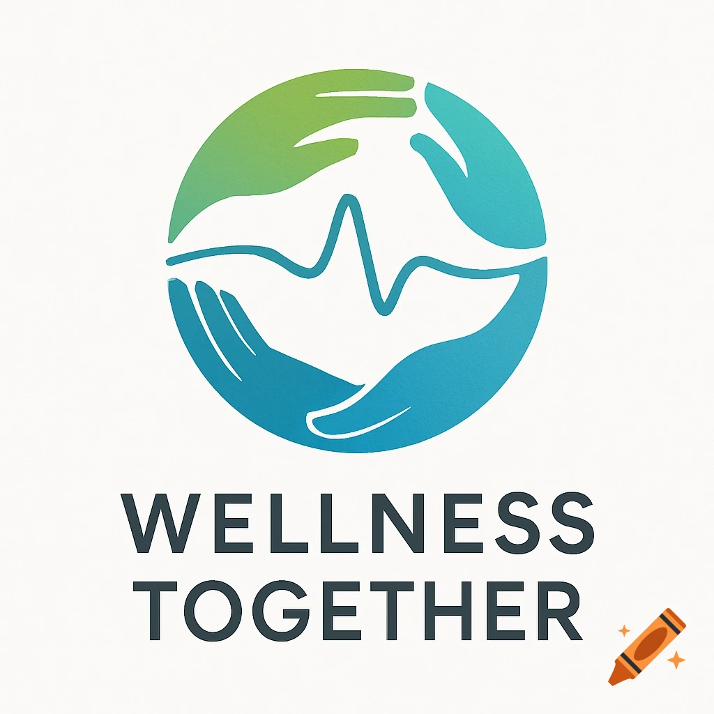 A health and wellness logo with a circular design of green and blue hands embracing a heartbeat line, with 'WELLNESS TOGETHER' text.