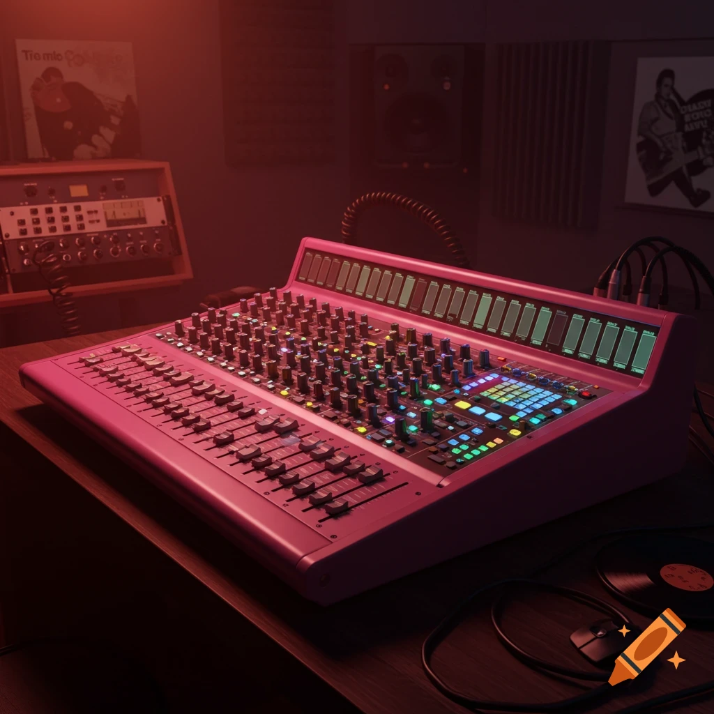 A pink mixing board with colorful glowing buttons and faders in a dimly lit music studio, with records and equipment in the background. Photorealistic style.