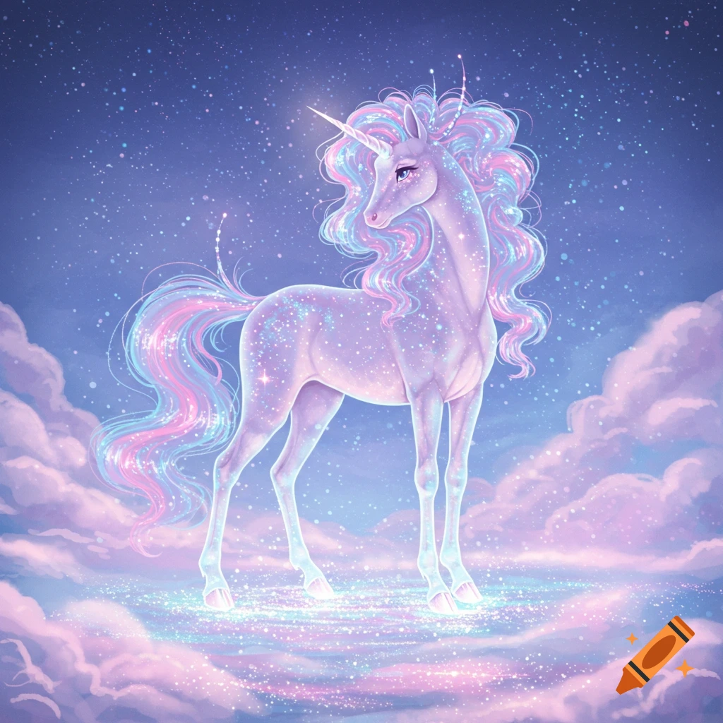 A stylized purple unicorn with a glowing horn, pink and blue mane and tail stands on sparkling clouds under a starry, purple sky.