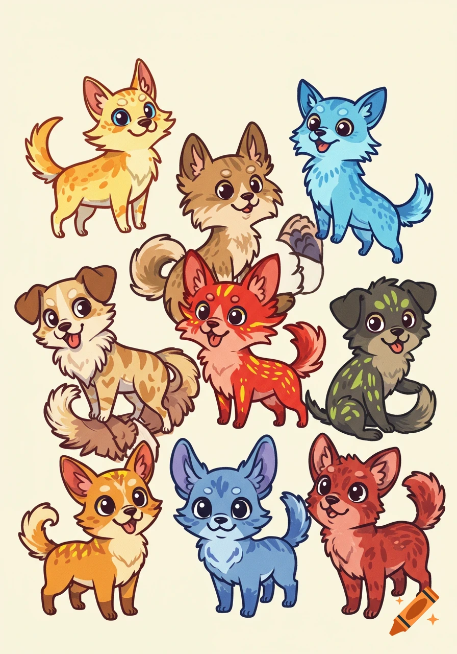Nine colorful chibi dogs with distinct fur patterns and large eyes, on a light background.
