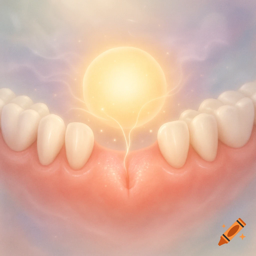 Close-up of white teeth and pink gums with a glowing yellow orb above, emitting light tendrils into the gumline against a pastel sky.