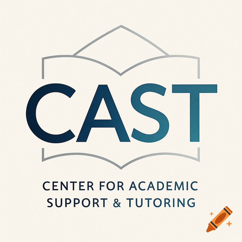 Logo for CAST, Center for Academic Support & Tutoring, featuring stylized text and a graphic symbol.