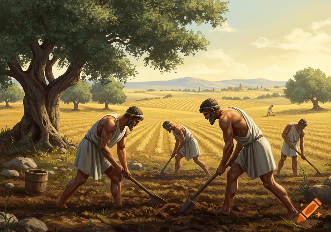 Ancient Greek men in tunics dig in golden fields under an olive tree, with mountains in the distance, in a painted style.