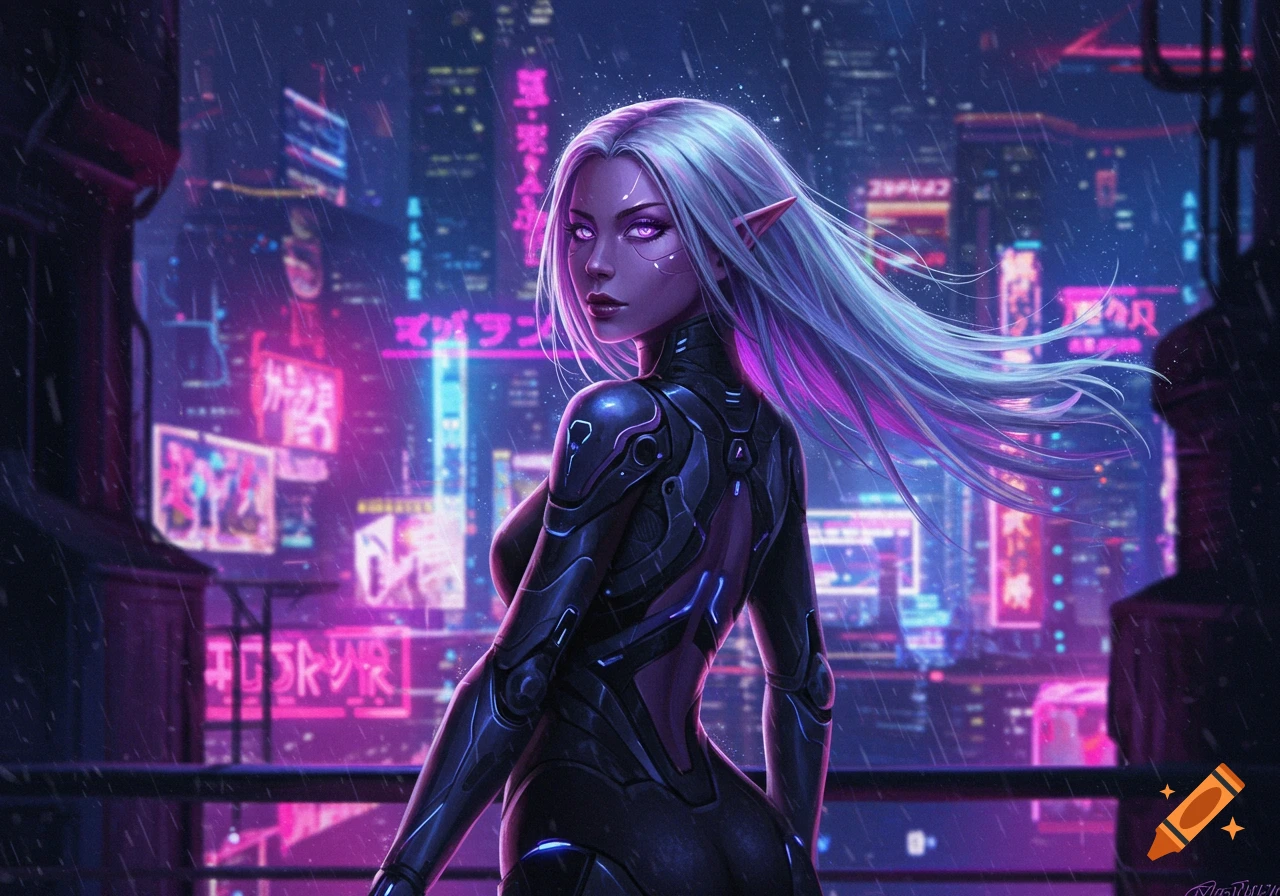 A cyberpunk female elf with lilac eyes and long white hair, wearing a dark futuristic suit, in a rainy neon city at night, digital art.