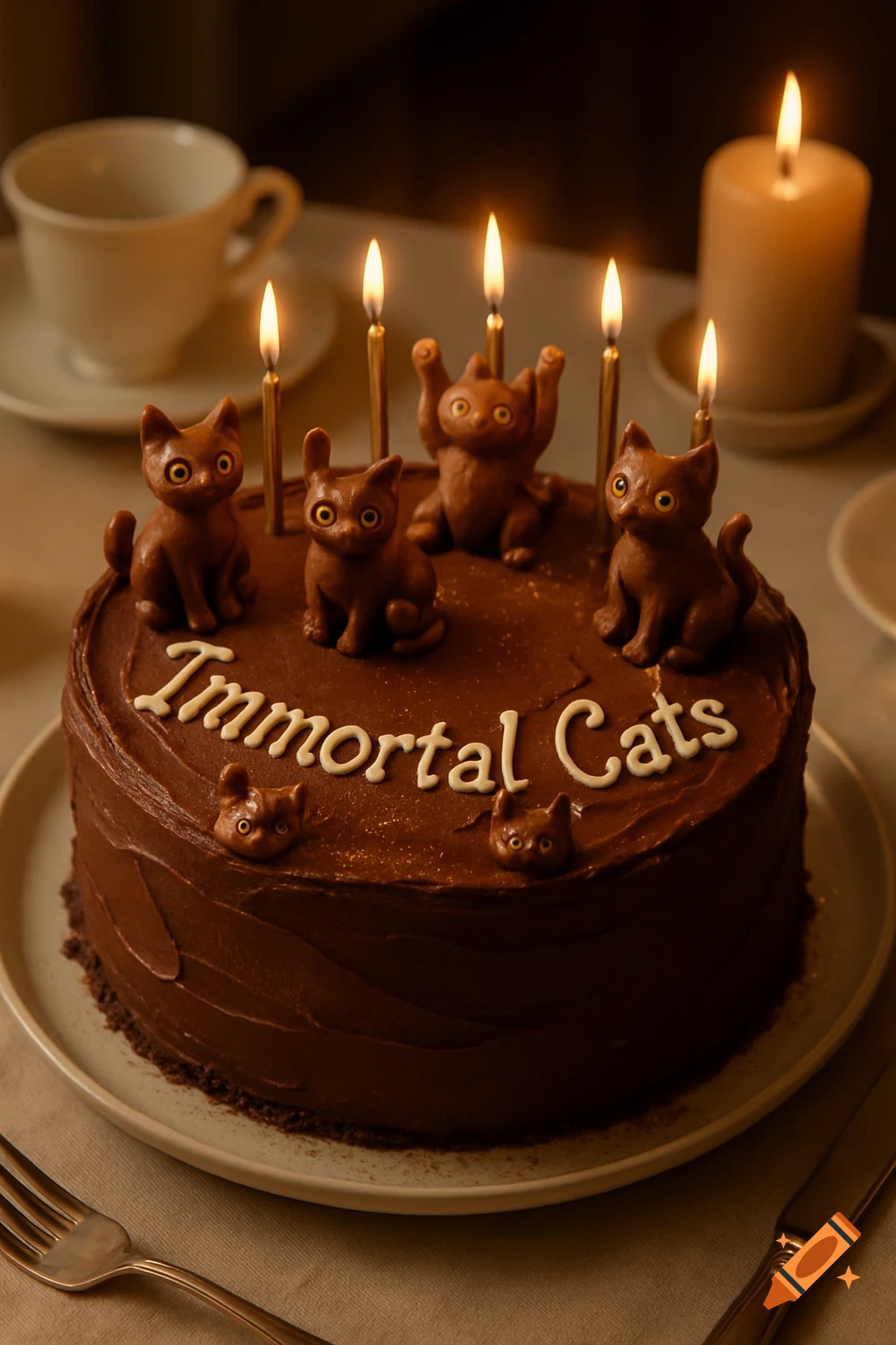 A photorealistic chocolate birthday cake with five lit candles and several small chocolate cat figurines on top, with 'Immortal Cats' written in white icing.