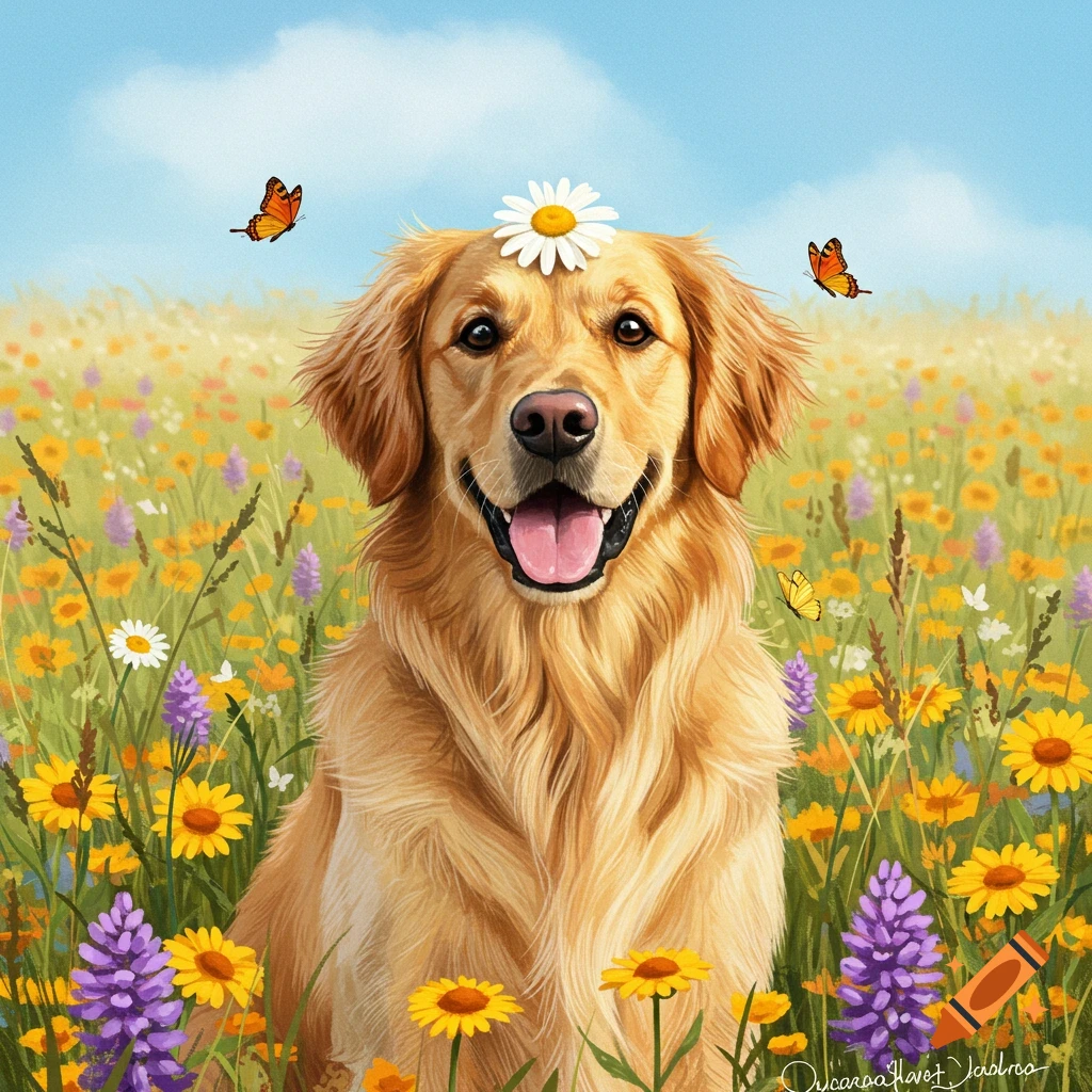 A happy golden retriever dog with a daisy on its head sits in a vibrant field of yellow and purple wildflowers under a blue sky, with butterflies.
