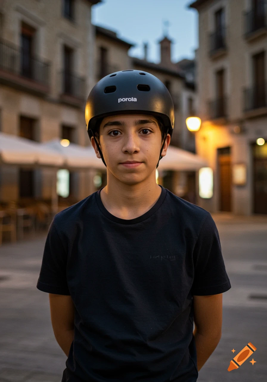 A young boy with dark hair and brown eyes looks directly at the camera, wearing a black helmet with "poroia" written on it and a dark t-shirt, standing in an urban street at dusk.