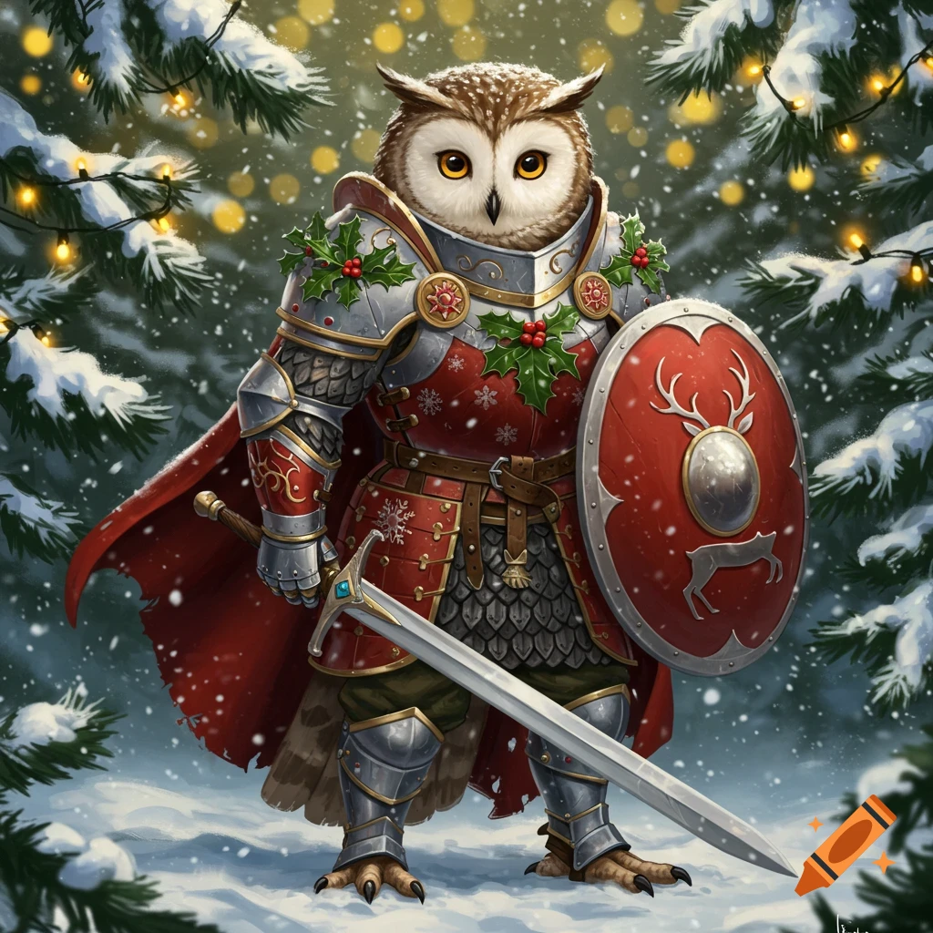 Majestic owl warrior in ornate Christmas armor, holding a sword and a shield with a deer emblem, standing in a snowy forest.