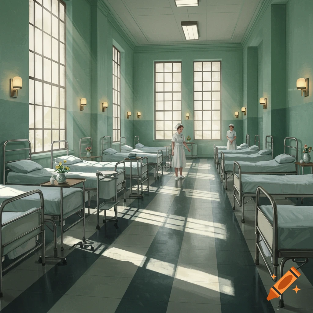A vintage 1950s hospital wing with many beds, tall windows, and two nurses in light green surroundings, illustrated.