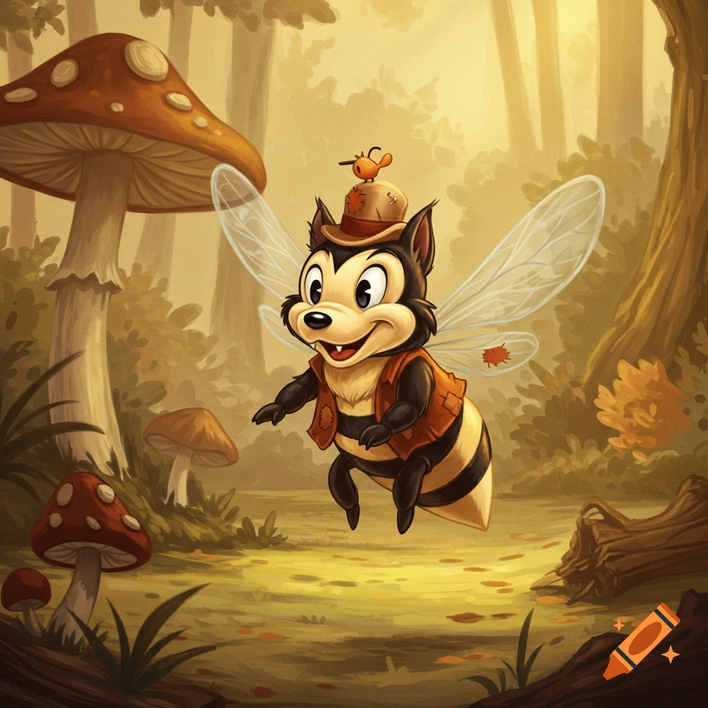 A smiling, 1930s cartoon-style bee character with a vest and hat floats in a whimsical forest with large mushrooms.