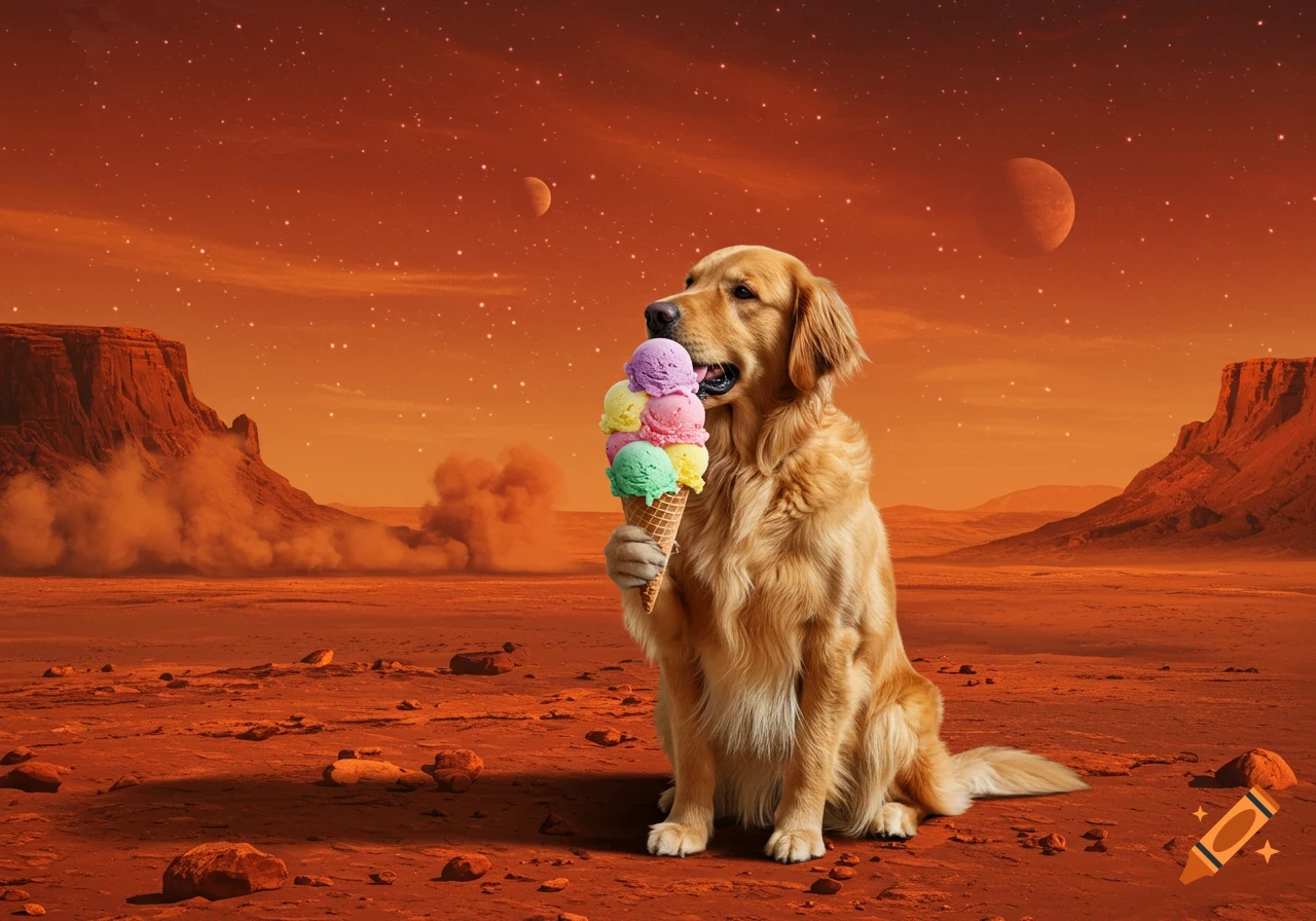 A photorealistic Golden Retriever sits on a red Martian landscape, licking a multi-scoop ice cream cone, with mesas and planets in the background.