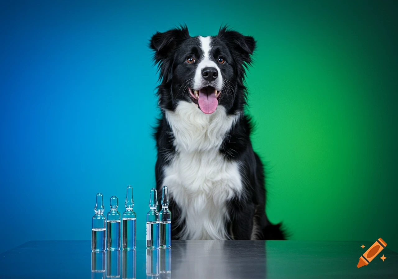 A happy Border Collie dog sits behind a table with glass ampoules, set against a vibrant blue and green background.