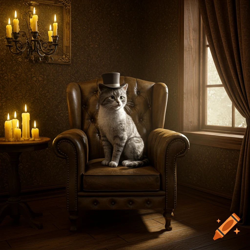 A photorealistic grey tabby cat wearing a top hat sits in a leather armchair in a dimly lit, antique room.