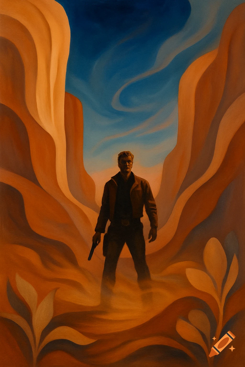 Man with a gun in a stylized desert canyon, painted in the style of Georgia O'Keeffe, with warm tones and flowing forms.
