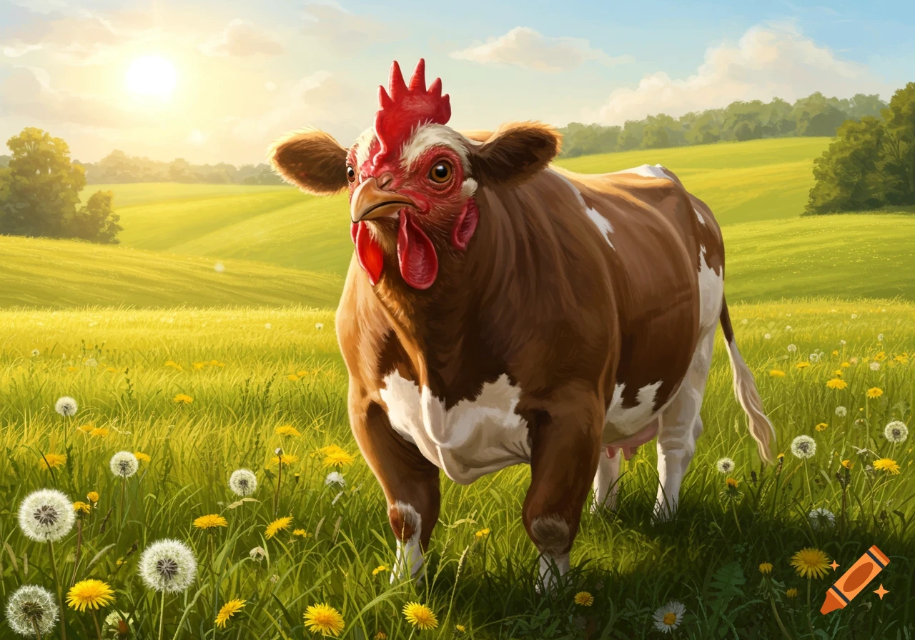 A surreal cow with a chicken head stands in a sunlit green pasture with dandelions. Digital painting.