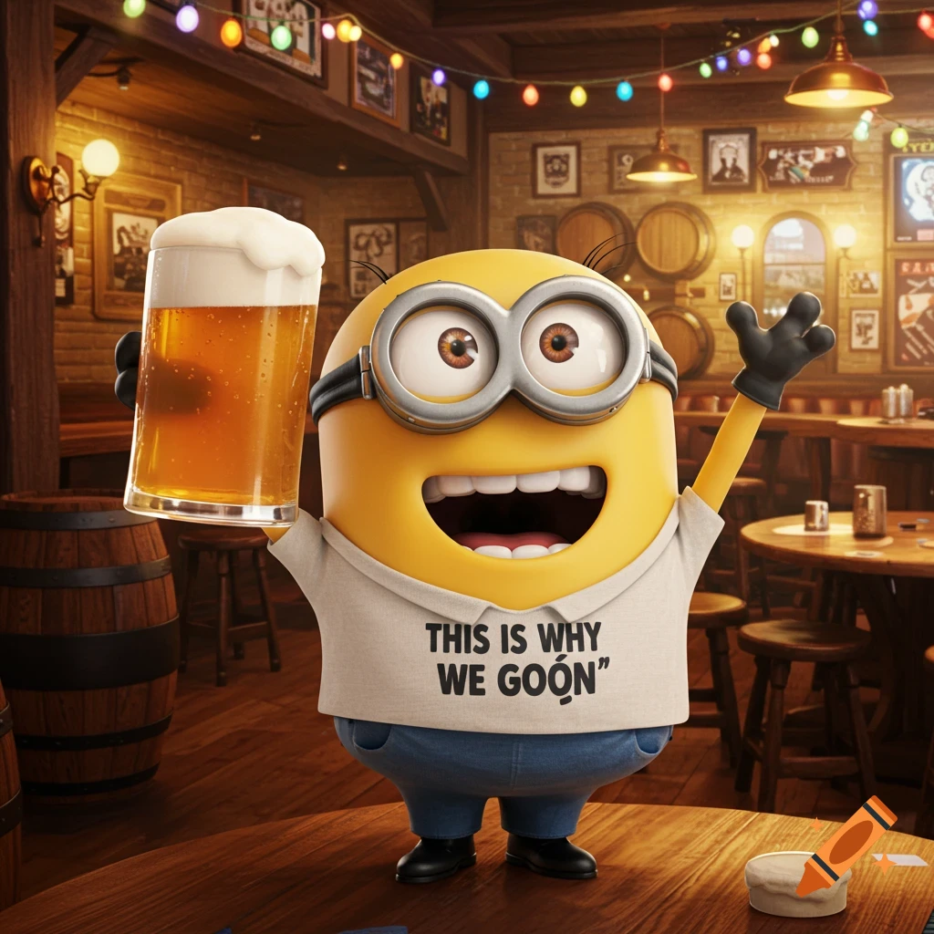 A Minion wearing a shirt that says "THIS IS WHY WE GOON" holds up a pint of beer in a rustic pub.